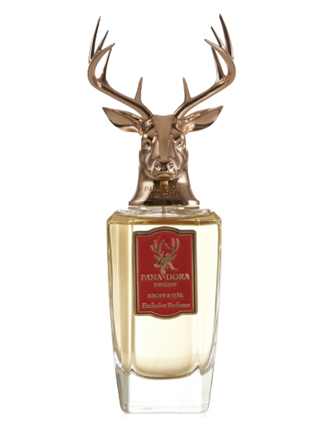 Perfume bottle with deer head design on a white background