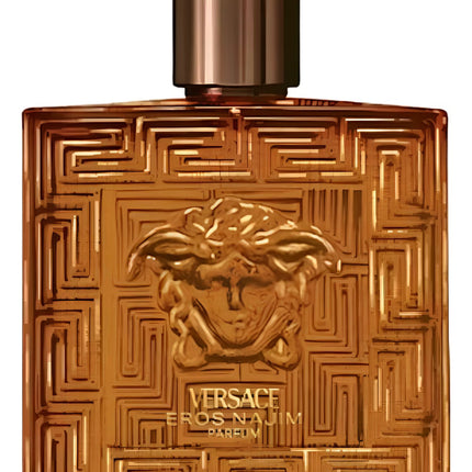Versace Eros Naum Parfum bottle with intricate design and gold accents on a white background