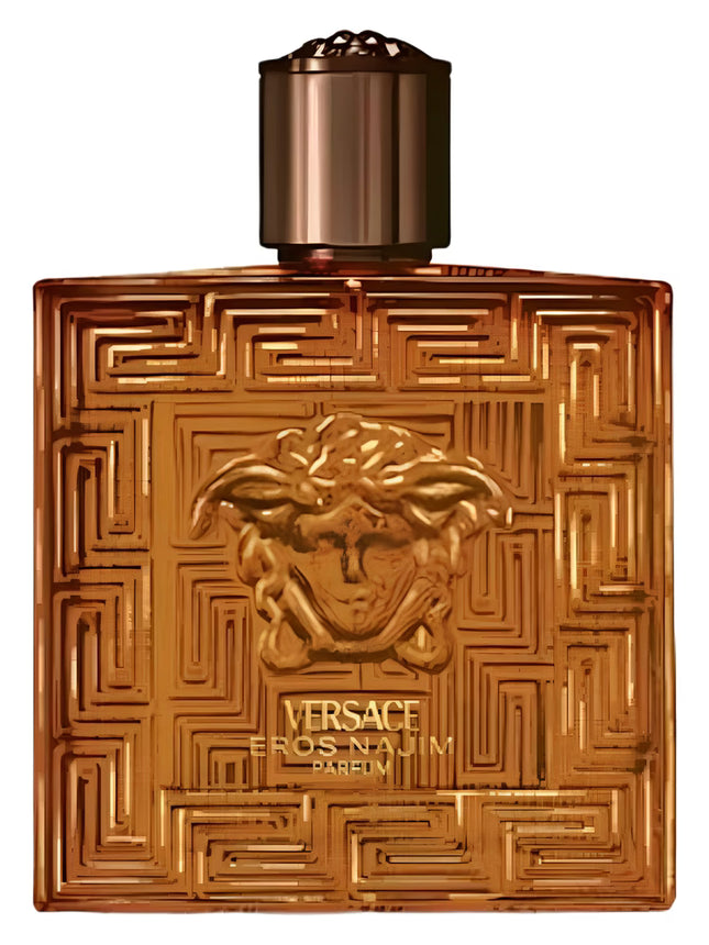 Versace Eros Naum Parfum bottle with intricate design and gold accents on a white background