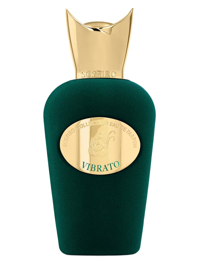 Green perfume bottle with gold cap on a white background