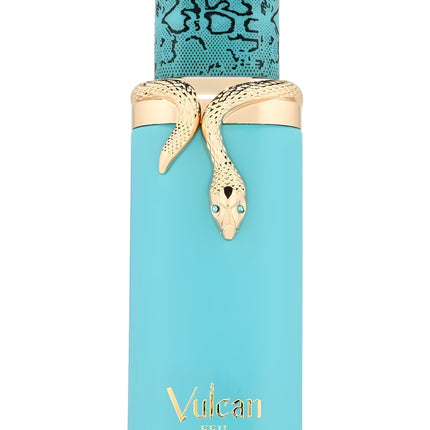 Perfume bottle with snake design and 'Vulcan' branding on a white background