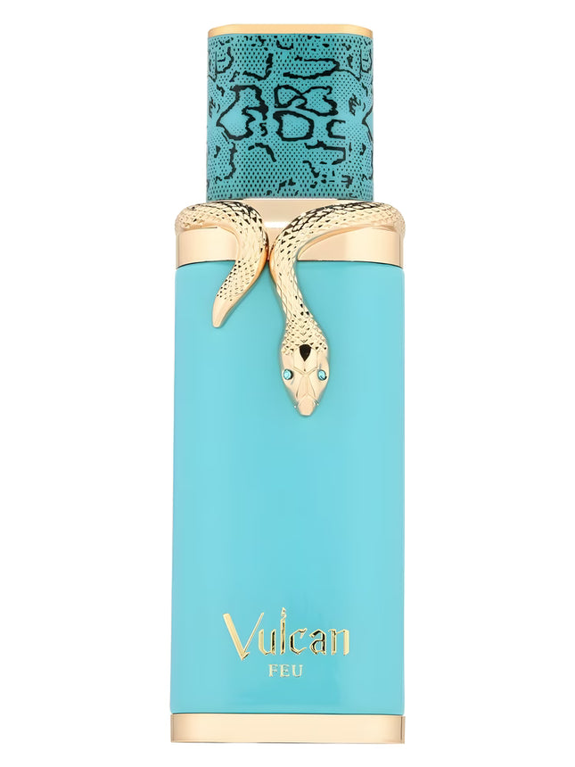Perfume bottle with snake design and 'Vulcan' branding on a white background