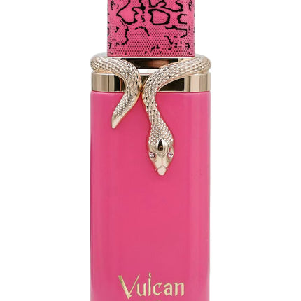 Pink perfume bottle with snake design and 'Vulcan' branding on a white background
