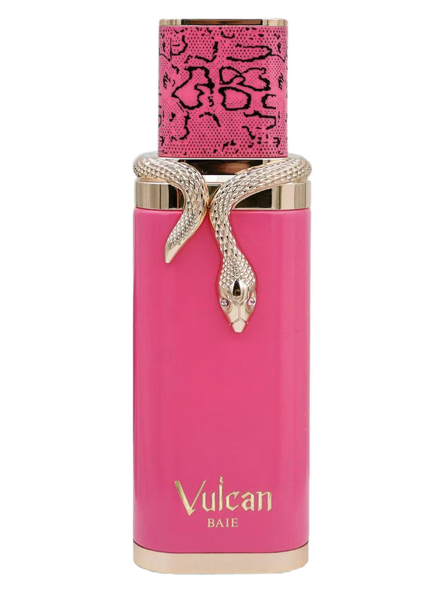 Pink perfume bottle with snake design and 'Vulcan' branding on a white background