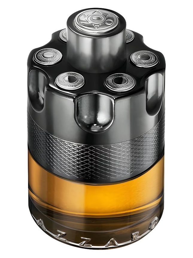 Shiny metallic and amber-colored cylindrical object with intricate design on a white background