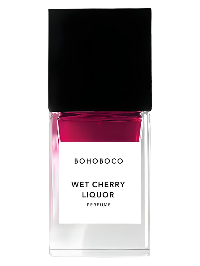 Bohoboco Wet Cherry Liquor perfume bottle with black cap and pink gradient.