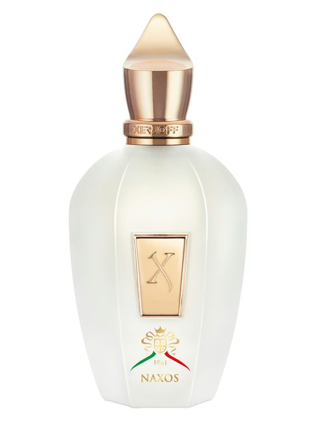 Perfume bottle with gold cap and NUXOS logo on a white background