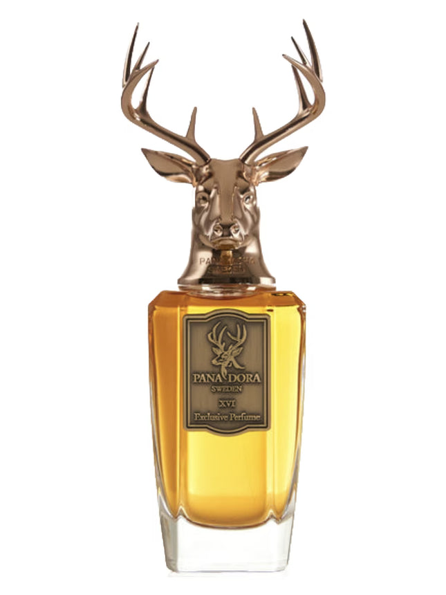 Perfume bottle with deer head design on a white background