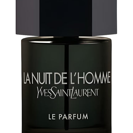Black Yves Saint Laurent perfume bottle with 'La Nuit de L'Homme' text on a white background
