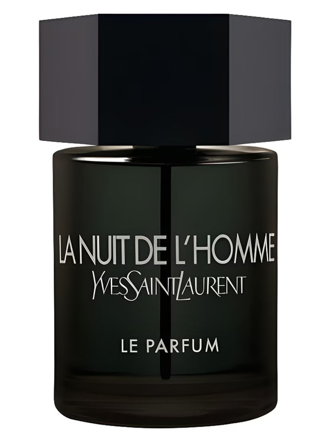 Black Yves Saint Laurent perfume bottle with 'La Nuit de L'Homme' text on a white background