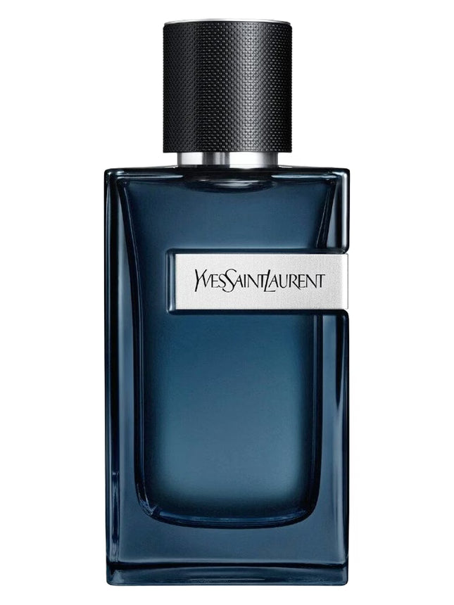 Blue Yves Saint Laurent perfume bottle on a white background
