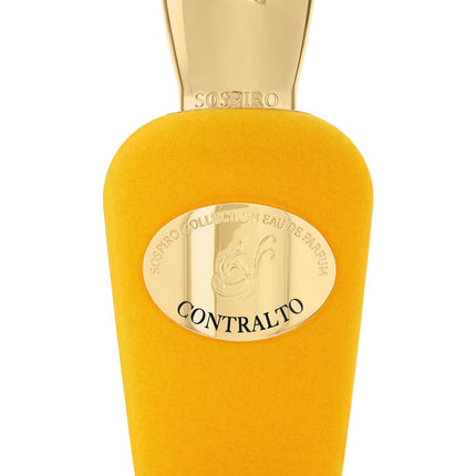 Yellow perfume bottle with gold cap on a white background ontralto Sospiro