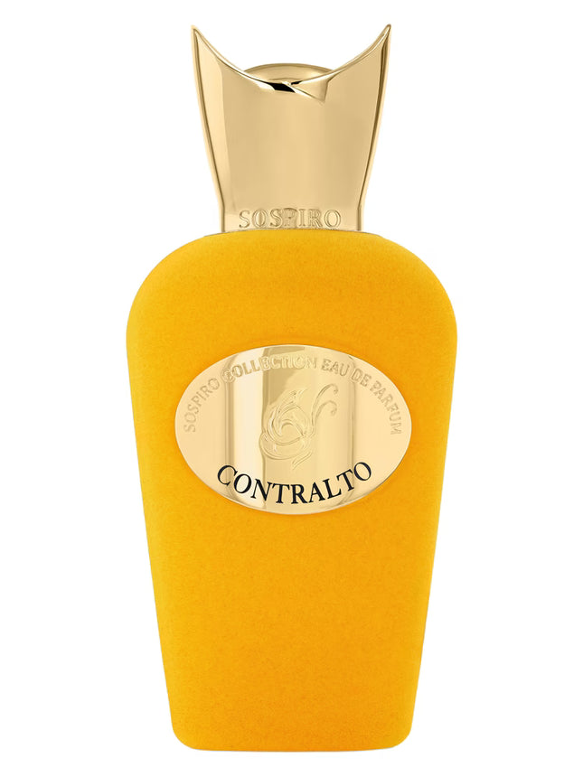 Yellow perfume bottle with gold cap on a white background ontralto Sospiro