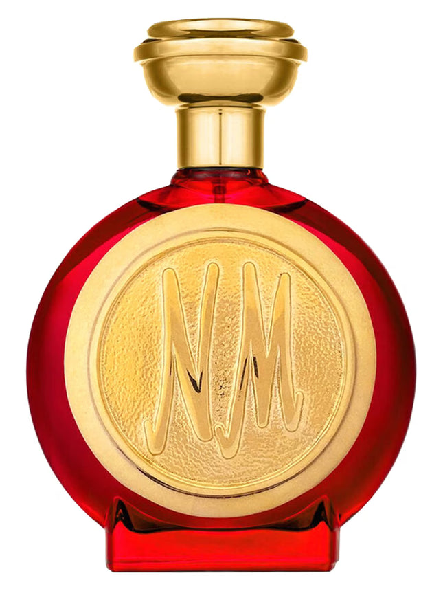 Red perfume bottle with gold cap and 'NM' logo on a white background