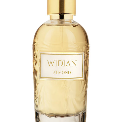 A decanted sample of WIDIAN Almond, a gourmand-fruity-floral perfume featuring almond, peach, raspberry, coconut, tuberose, orange blossom, orchid, vanilla, musk and benzoin